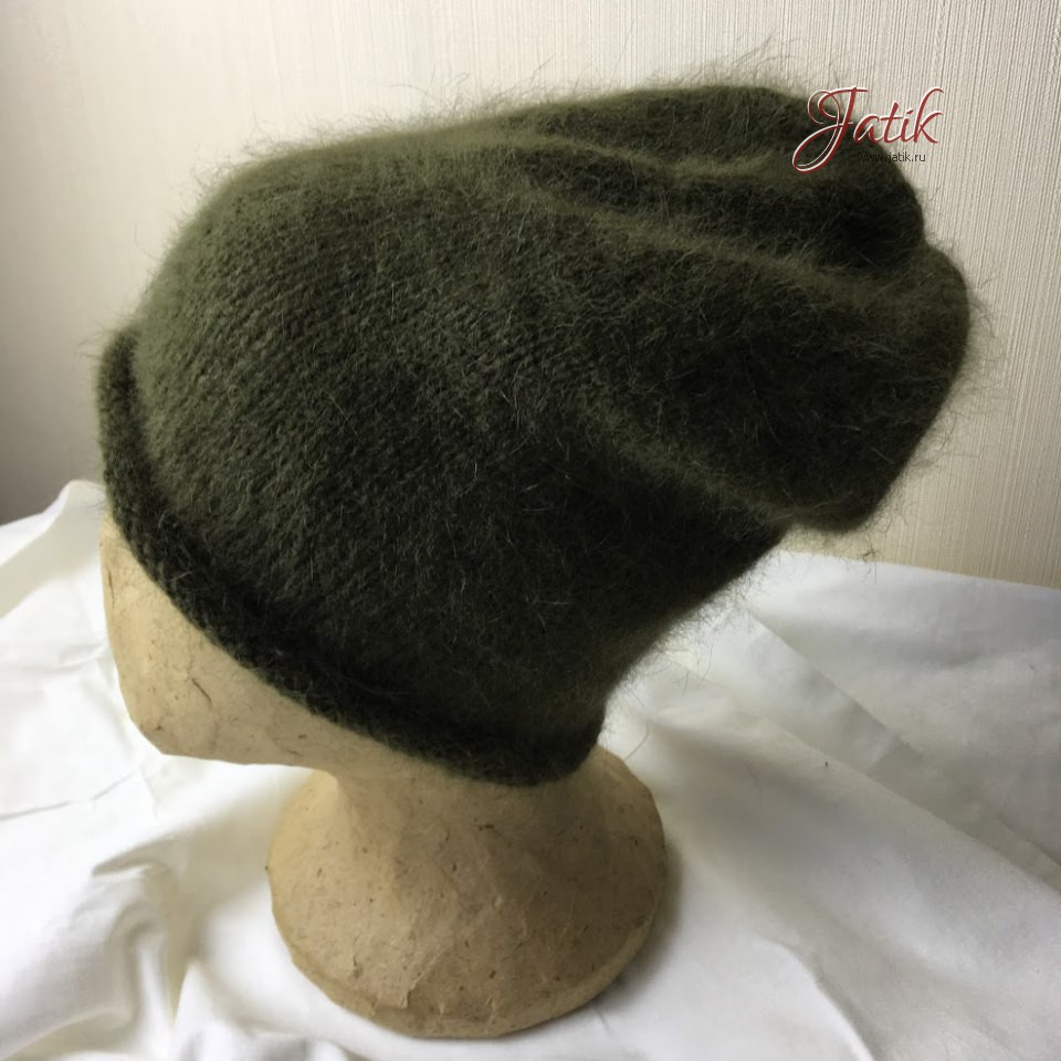Шапки вязаные ручной работы - Зеленая шапка 56-58, французская ангора, 80 - Зеленая шапка 56-58, французская ангора, 80